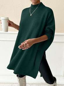 Women Solid Color Mock Neck Half Sleeve Oversize Pullover - Dark Green - View 2