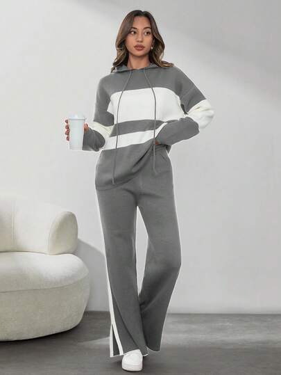 SHEIN Tall كنزة بقلنسوة ذات كتف منسدل وحبل شد بلونين & بنطال محبوك بفتحة سفلية، للنساء الطويلات