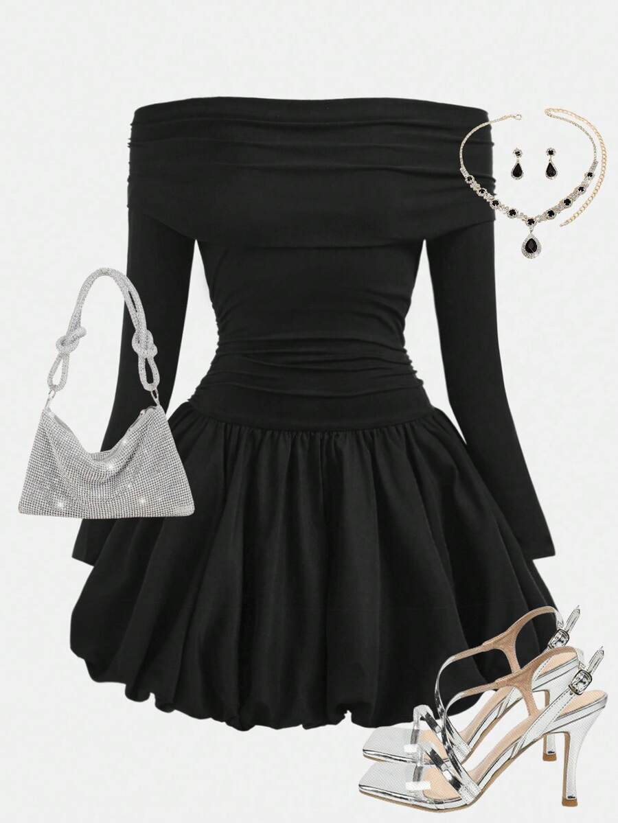 Girlism Teen Girls New Ruffle Bubble Dress With Ruffle Hem Black Mini Dress For Autumn,Graduation Outfit - Black - View 1