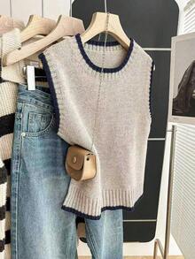 Franclia 女式休闲宽松圆领无袖针织撞色边卡其色毛衣上衣，春秋季