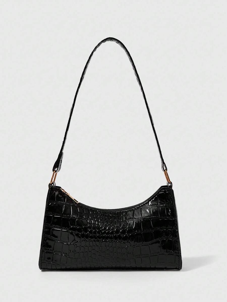 Solid Color Embossed Geometric Pattern Shoulder Bag, Zipper Underarm Style Women's Shoulder Bag, Fashionable Retro Zipper Bag, Casual Waterproof Handbag, Suitable For Girls, Women, College Students, Young Professionals, And Office Workers, Perfect For Office, Work, Business, Commuting, And An Excellent Choice For Women's Work Bag. - Black - View 1