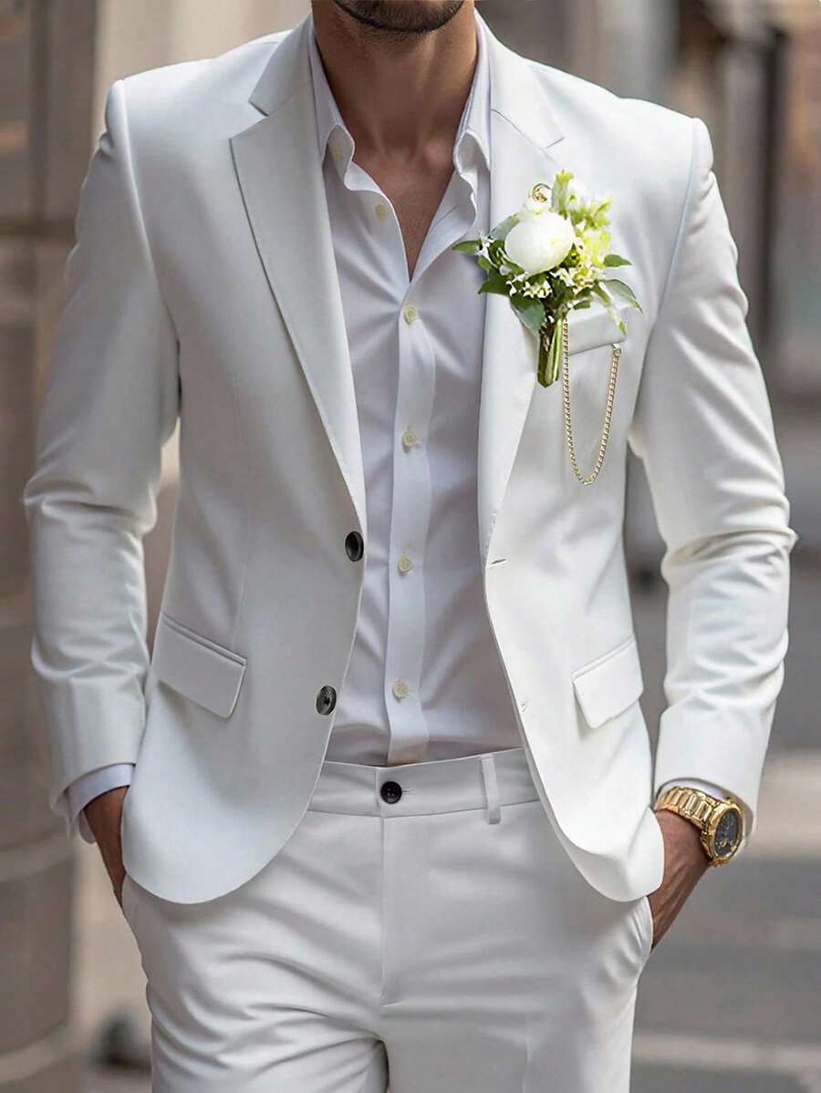 Manfinity AFTRDRK Blazer Kasual Pria Warna Polos, Modis untuk Musim Panas, Jas Pernikahan Pria, Jas Pernikahan untuk Pria - Putih - View 1