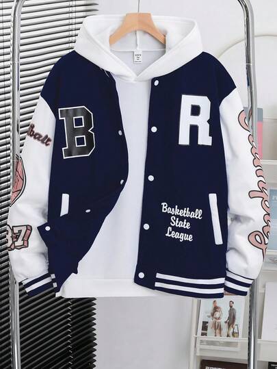 SHEIN Kurtka baseballowa dla nastolatków, modna, swobodna, wakacyjna, z nadrukiem i literami