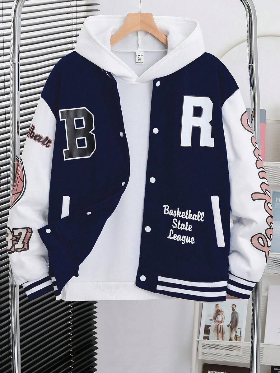 SHEIN 青少年男孩时尚休闲度假字母图案棒球夹克 - 彩色 - 查看 1