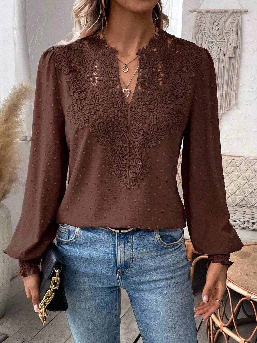 SHEIN LUNE Plus Size Women Elegant Minimalist Floral Collar Splice Solid Color Long Sleeve Shirt - Brown - View 1