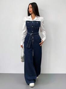 Siren Gaze 女式牛仔背带裤和连体裤，休闲修身长袖 - 深色水洗藍 - 查看 3