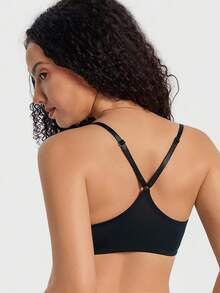 SHEIN 1pc Women's Solid Color Lace Patchwork Front Closure Underwire Bra - Black - View 2