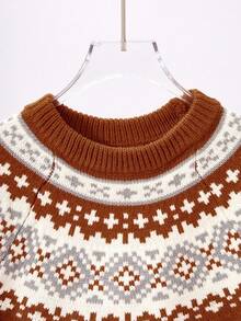 Elegant Patterned Crew Neck Long Sleeve Sweater For Tween Girls - Khaki - View 4