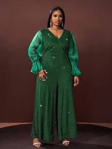 Slaydiva Large Women's Winter Silver Wire Splicing Bright Silk Lantern Sleeves With Ruffled Edges, Waist Cinched Wide Leg Long Jumpsuit, Suitable For Christmas Dresses/New Year's Clothing/Party Outfits/Elegant Women's Outfits/Shiny Fabrics/Women's Thanksgiving Outfits/Banquet/Date Outfits - Green - View 3