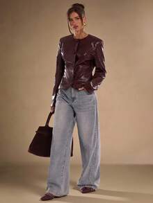 SHEIN BAE 女式秋季仿鳄鱼纹长袖单排扣时尚夹克 - 酒紅色 - 查看 1