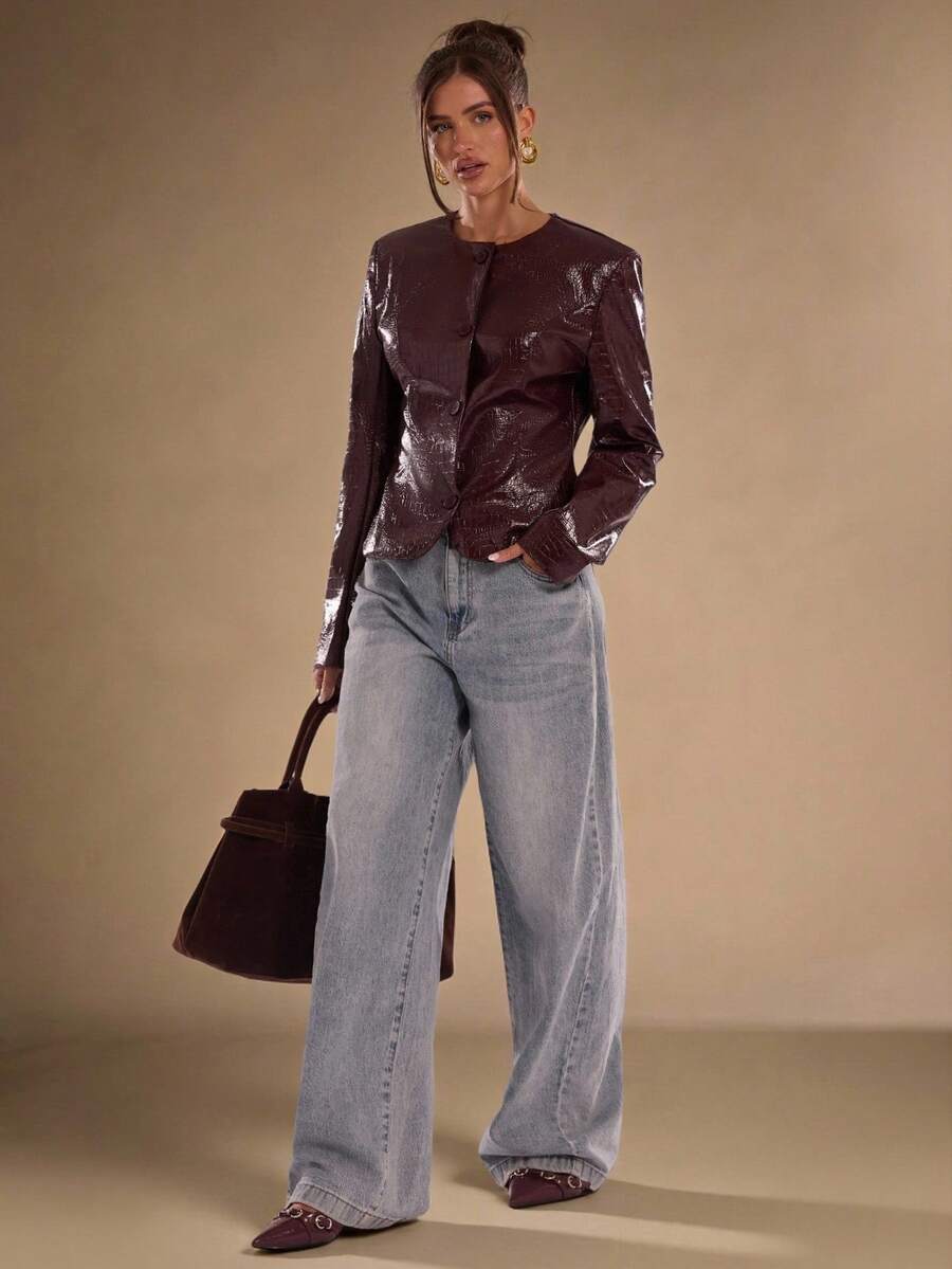 SHEIN BAE 女式秋季仿鳄鱼纹长袖单排扣时尚夹克 - 酒紅色 - 查看 1