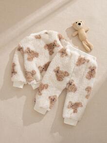 Souflis Souflis 2025秋冬新款法式棕色立领加厚长袖法兰绒套装适合外出居家等各种场合男女宝宝套装 - 棕色 - 查看 3