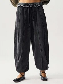 Bohemela 女式休闲纯色针织宽松运动裤 - 黑色 - 查看 4