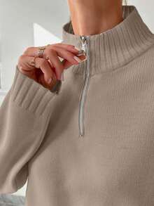 EURMUSE Women's Half Zipper Sweater And Pants Set - Beige - View 4