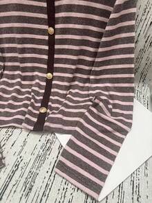 SHEIN Femmes Automne/Hiver Cardigan tricoté à col rond à manches longues avec décoration de boucle métallique, rayé, best-seller - Multicolore - Voir 7