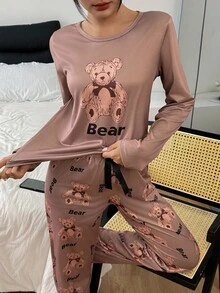 2件套女士可爱小熊印花长袖上衣和裤子睡衣套装，秋冬服装 - 彩色 - 查看 5