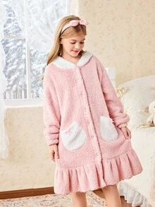 SHEIN 女童可爱兔耳连帽毛绒长睡袍，秋冬 - 粉色 - 查看 3