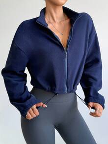 Dewbera Dewbera Chaqueta deportiva corta de unicolor con cordón para mujer, otoño/invierno - Azul Marino - Ver 4