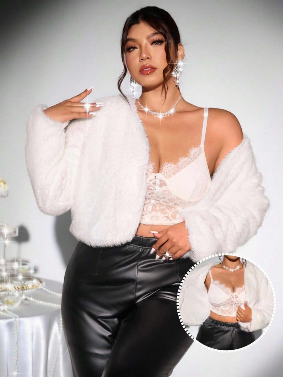 Firerie 大码优雅白色短款人造毛皮夹克，适合婚礼、派对、生日、秋冬、情人节、音乐会、表演、约会、正式晚宴、庆典、婚礼、性感、优雅、返校、办公室女神、美人鱼风格、生日派对 - 白色 - 查看 1