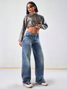 SHEIN 100%Cotton Women's Straight Leg Jeans Y2K Dark Wash - Dark Wash - View 6