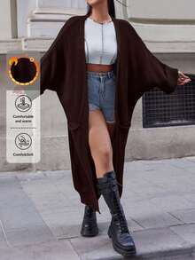 SHEIN Cottnline Plus Size Casual Solid Color Batwing Sleeve Long Cardigan, Autumn/Winter - Coklat - View 1