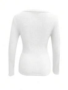 INAWLY 女士纯色深V领罗纹长袖T恤 - 白色 - 查看 2