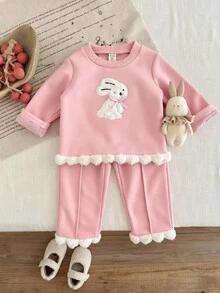 SHEIN 女婴休闲可爱兔子刺绣毛绒下摆圆领长袖针织上衣和喇叭裤套装，秋冬 - 粉色 - 查看 3