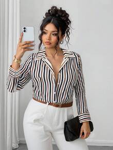 Elenzga Plus Size Women's Brown Striped Shirt - Multicolor - View 3