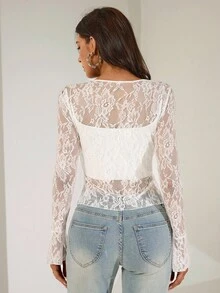 Chiquease 女式休闲蕾丝荷叶边长袖T恤 - 白色 - 查看 2