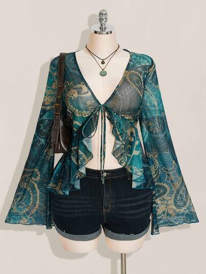 SHEIN ICON Blusa de talle azul con estampado de paisley para mujer de talla grande