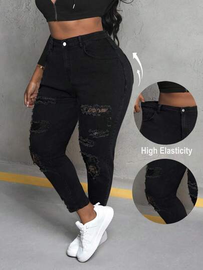 SHEIN EZwear Plus Size Sexy Skinny Stretch Distressed Lace Patchwork Jeans/Winter Lace Jeans Black Jeans Plus Size Jeans Curve Plus Size Ripped Jeans High Elasticity Jeans