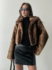 Aloruh 女士复古仿皮草领开襟蓬松外套，鹿纹毛绒外套，圣诞皮草外套，动物印花棕色外套，猎豹纹女装，秋冬女装，棕色皮草外套，豹纹外套 - 摩卡棕 - 查看 7