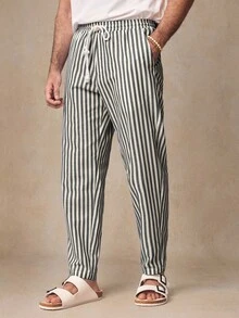 HIMLAND Men Casual Woven Vertical Striped Mid-Waist Drawstring Tapered Pants, Fall