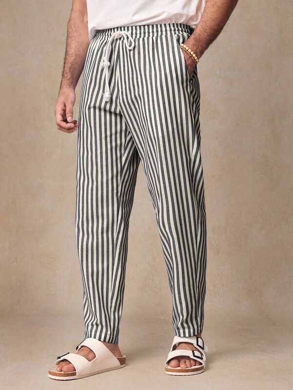 HIMLAND Men Casual Woven Vertical Striped Mid-Waist Drawstring Tapered Pants, Fall