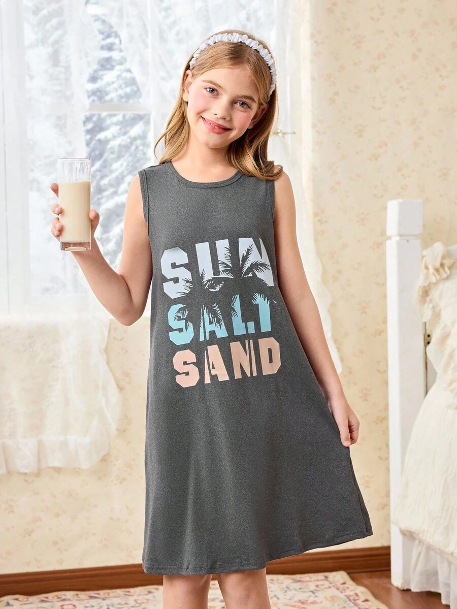 女童字母印花吊带睡衣 - 深灰色 - 查看 1