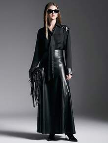 INAWLY 1 Áo sơ mi PU trơn màu rộng rãi dành cho nữ - màu đen - Xem 3