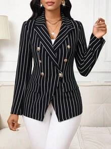 SHEIN Lady Damen Herbst gestreifter Kragen Langarm Doppelreiher eleganter Büro Blazer