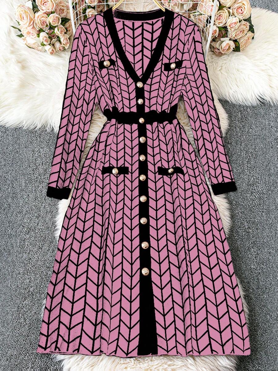 DreamSkyne 女式黑色针织 V 领几何提花撞色饰边口袋中长修身优雅厚实弹力开衫，适合万圣节、新年、情人节、感恩节、圣诞节、复活节、庆典、除夕 - 彩色 - 查看 1