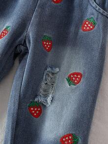 SHEIN 2件套女婴春秋草莓字母印花长袖上衣+全套草莓印花牛仔裤套装 - 白色 - 查看 5