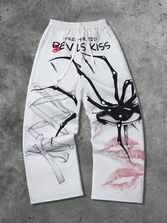 Street Life Men Casual Fashion Street Letter, Red Lip Print Drawstring Waist Loose Wide Leg Pants, Fall