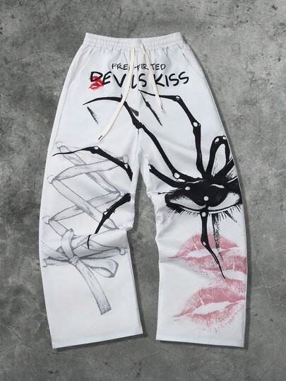 Street Life Pantaloni casual da uomo, stile di strada, con stampa a labbra rosse, vita con coulisse, gamba ampia e morbida, autunnali