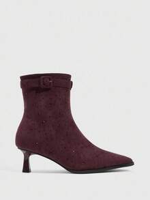 Daringsoles Women's Buckle Design Pointed Toe Fashion Daily Wear High Heel Mid-Calf Boots - Purple - View 6