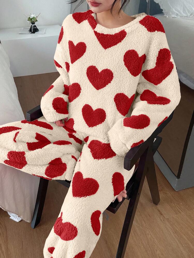 Dream Adore Ensemble de pyjama femme mignon à motif cœur avec haut à manches longues et pantalon, rose et rouge, automne/hiver