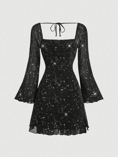 Girlism 少女黑色亮片连衣裙，前褶喇叭袖，秋冬连衣裙，女孩连衣裙，优雅连衣裙，仙女连衣裙，美人鱼连衣裙，连衣裙，仙女装，派对，冬季，Y2K，复古，黑色