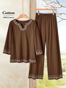 Rusticease 女士几何印花 V 领衬衫和阔腿裤休闲宽松两件套 - 棕色 - 查看 6