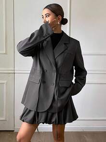 DAZY 女士纯色宽松系带蝴蝶结长袖休闲西装外套及喇叭裙套装，秋冬商务装 - 灰色 - 查看 5