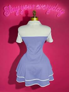 Slaydiva 2025新款初秋夏季休闲街头辣妹风甜美少女风优雅日常约会生日派对POLO领蝴蝶结白黑拼接二合一设计多层蛋糕裙荷叶边A字裙迷你裙针织女士迷你连衣裙-A - 藏蓝色 - 查看 2