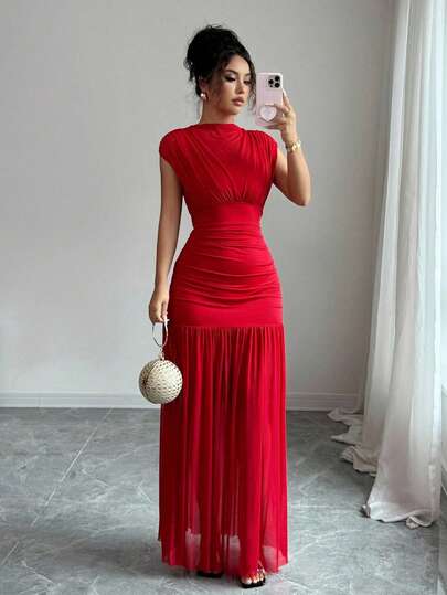 Elenzga Tall Fashionable New Solid Red Mock Neck Sleeveless Sexy Hollow-Out Mesh Patchwork Pleated A-Line Dress, Suitable For Graduation Party, Holiday Events, Date