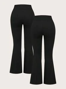 SHEIN EZwear 2 件套黑色高腰交叉设计紧身休闲喇叭裤，适合春秋季，加大码 - 黑色 - 查看 3