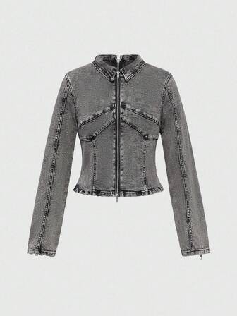 Grunge Punk Vintage Y2K Chic Denim Jacket With Double-Headed Zipper, Distressed